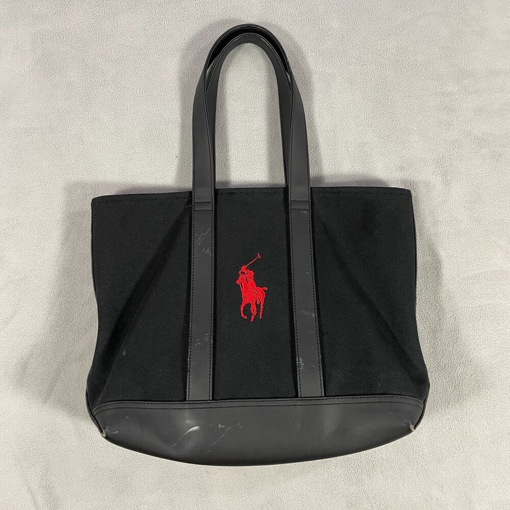 Ralph Lauren Black Canvas Tote Bag Red Pony Embroidery Preowned